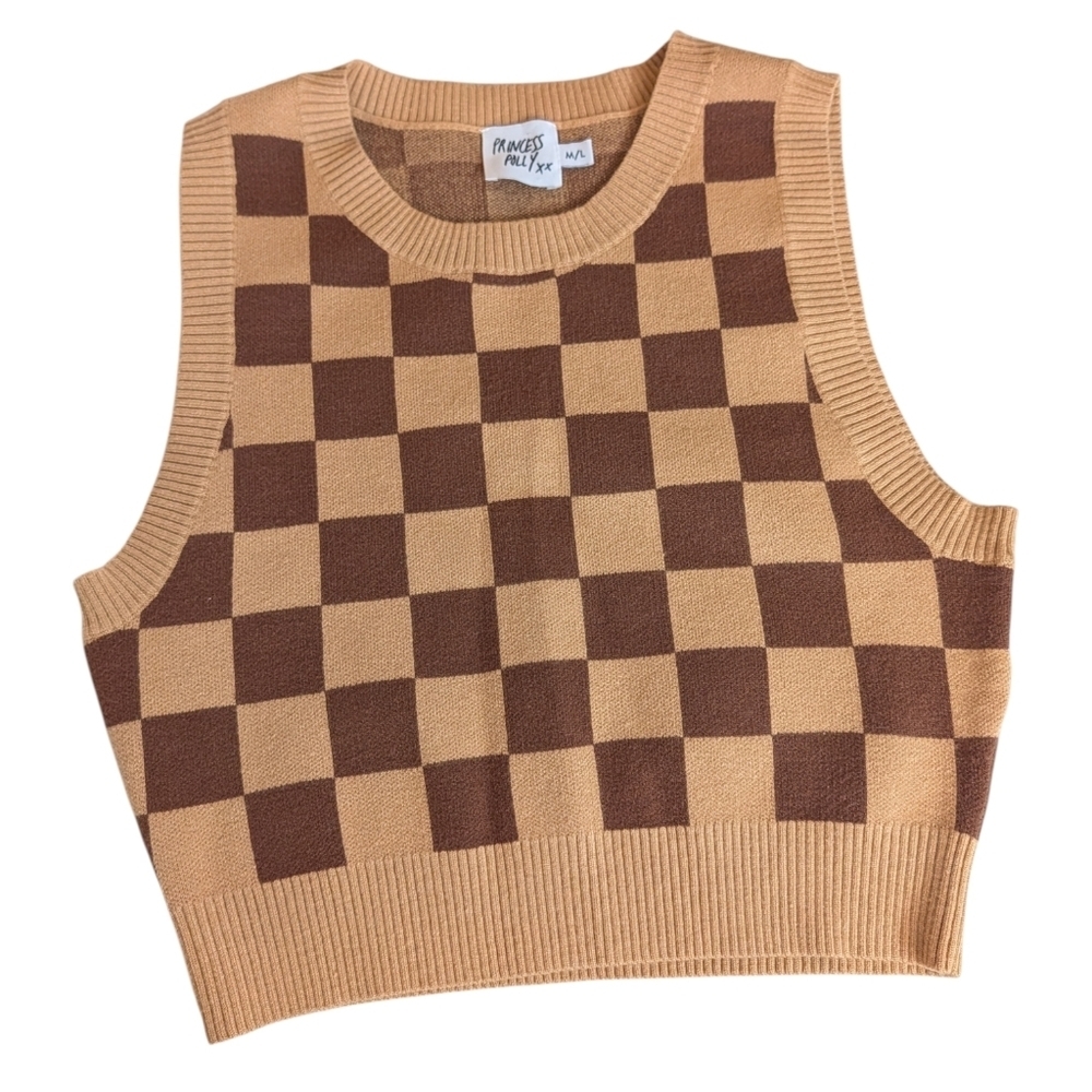 Princess Polly Checkerboard Sweater Vest M/L | Brown Tan Knit Crop Top | Y2K - Picture 3 of 9
